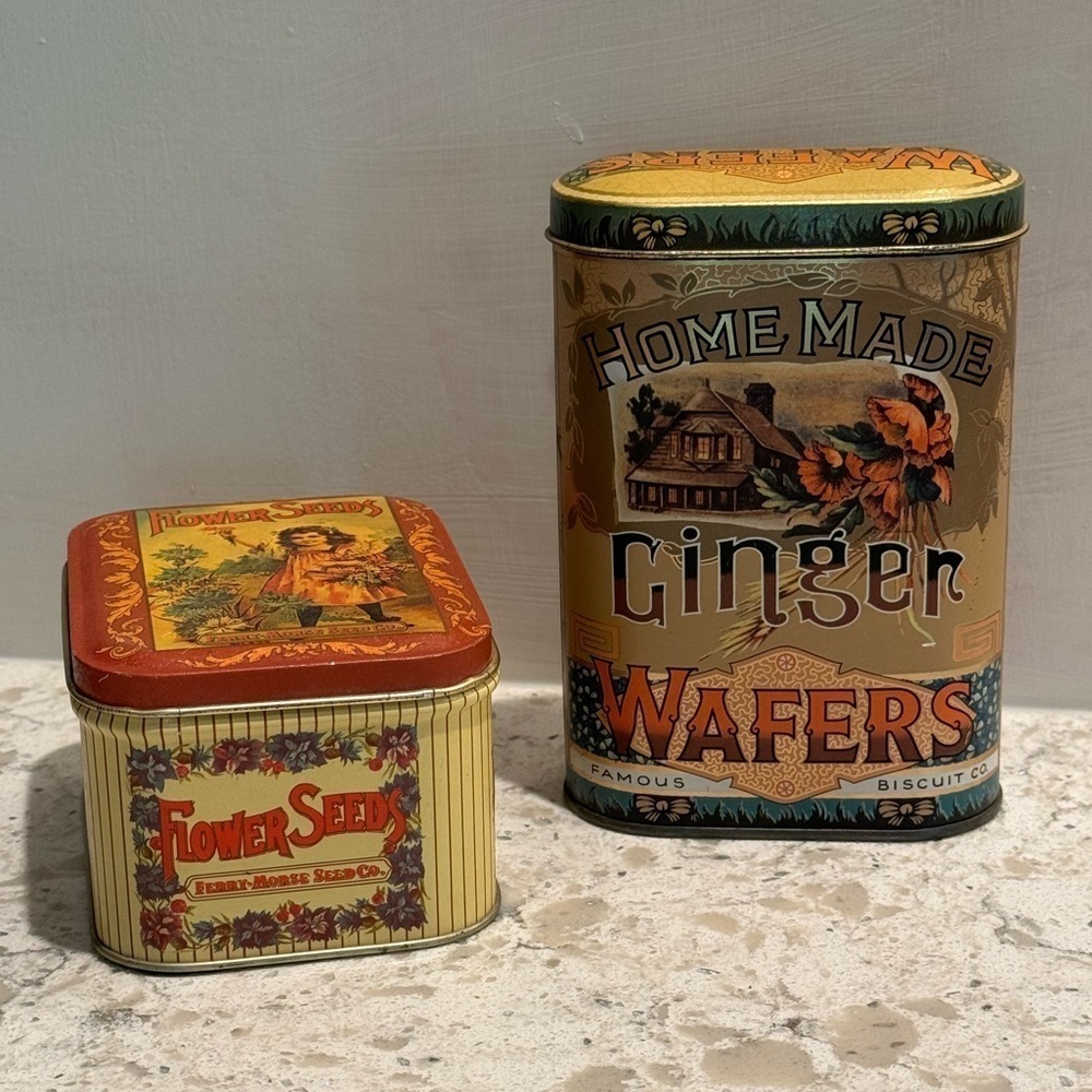 2 Vintage tins~HOMEMADE GINGER WAFERS & FERRY MORSE SEED CO~Great condition~G2MC